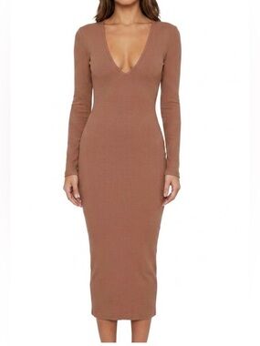 NWT Naked Wardrobe Tan Ribbed V-Neck Stretchy Bodycon Midi Dress - Size XS